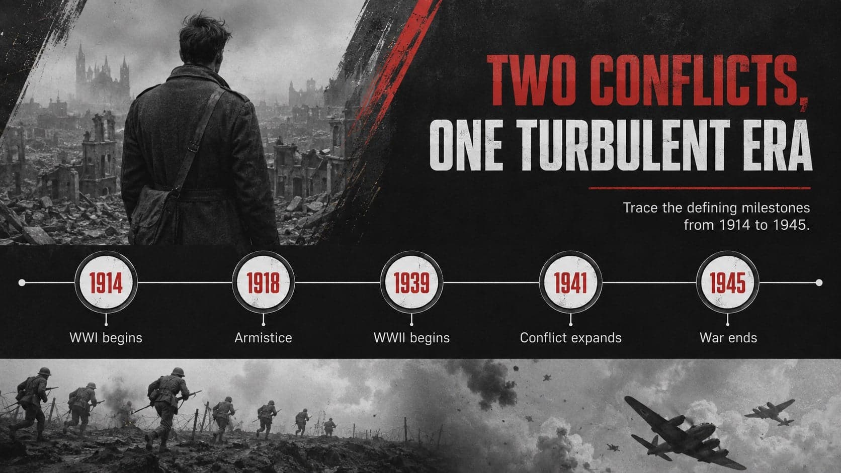 WWI and WWII classroom timeline showing major milestones from 1914 through 1945 in a black, white, and red layout.