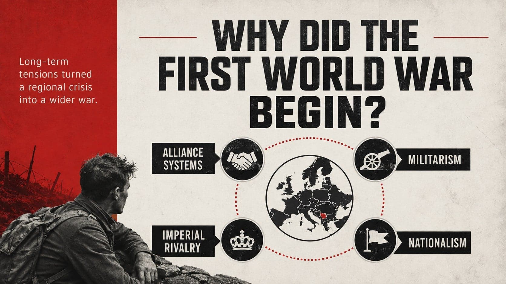 History lesson slide explaining the alliances, militarism, imperial rivalry, and nationalism behind the First World War.