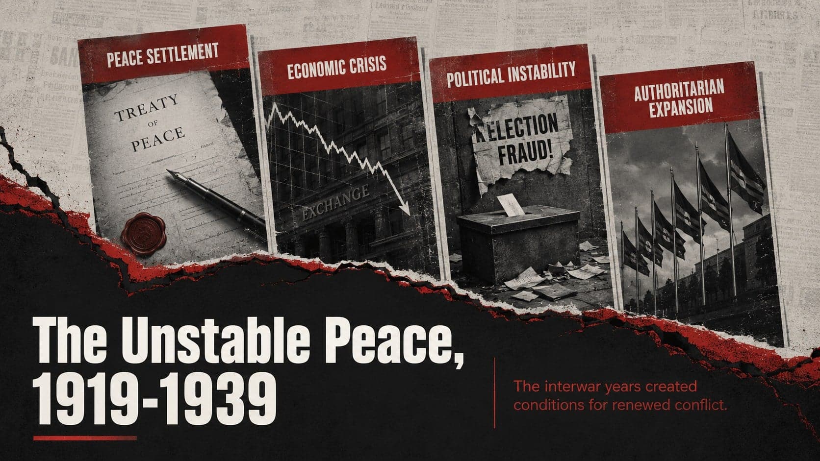 Interwar years presentation slide linking the peace settlement, economic crisis, political instability, and authoritarian expansion.