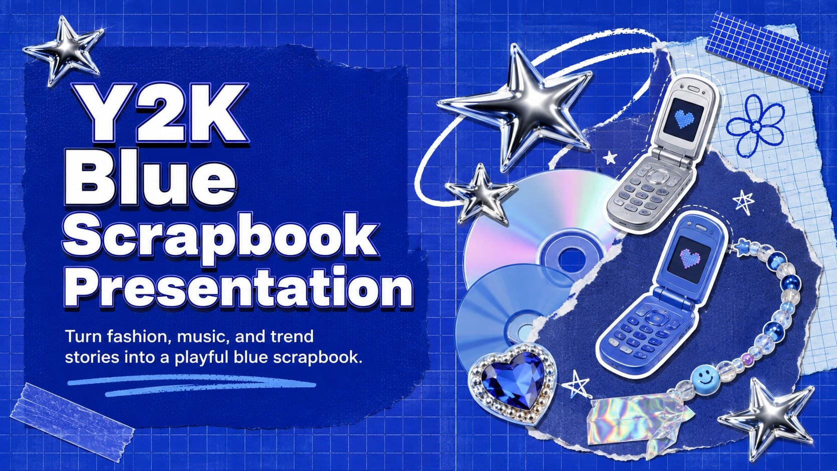 Cover of a Y2K blue scrapbook presentation with layered paper textures, retro digital icons, and playful typography.