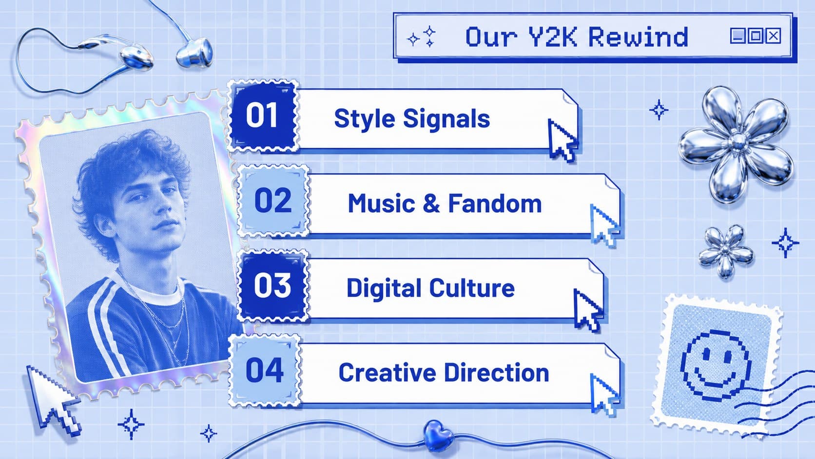 Blue Y2K aesthetic agenda slide outlining fashion, music, media, and design topics.