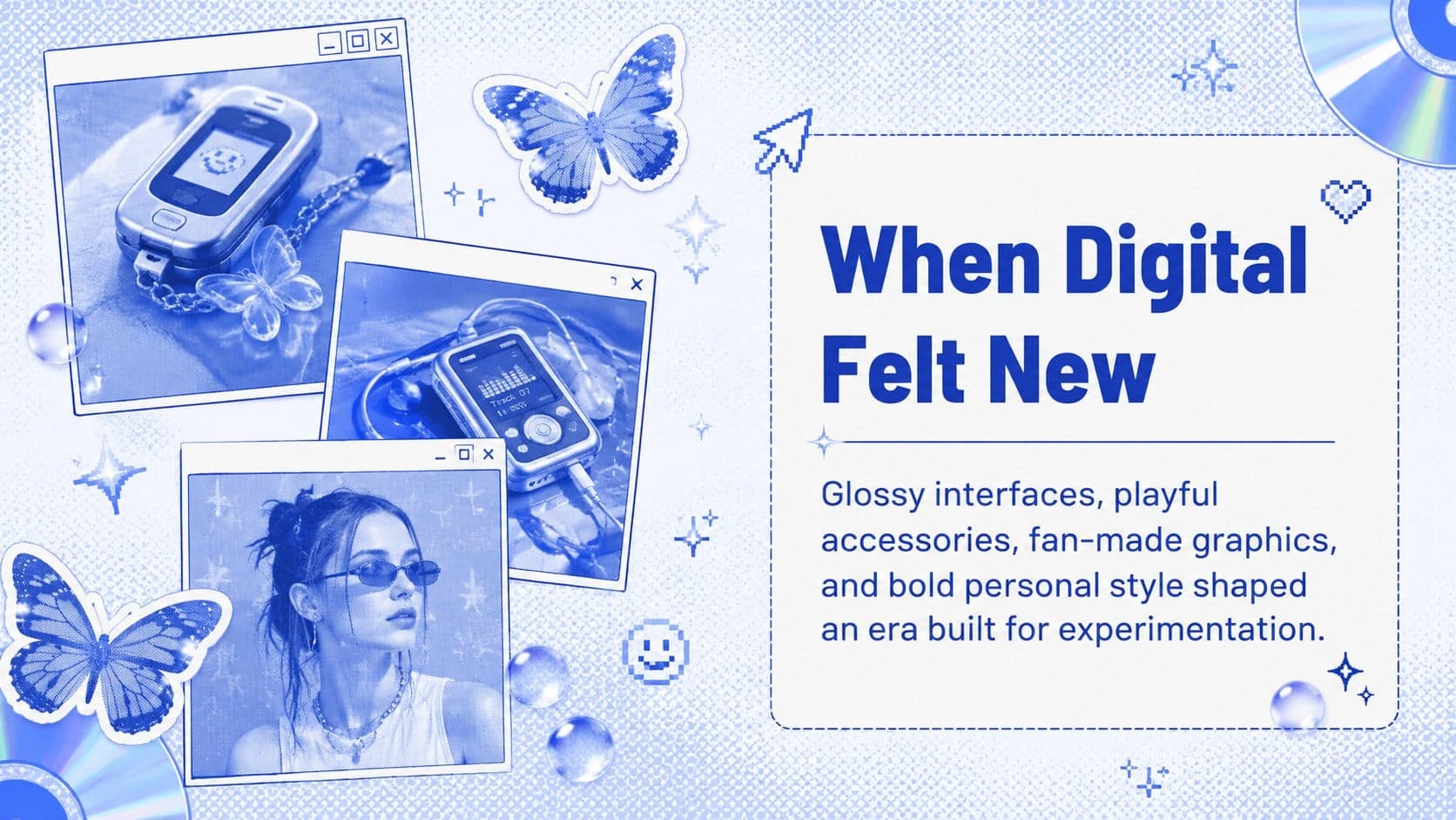Retro pop culture slide deck page introducing the visual language of early digital culture.