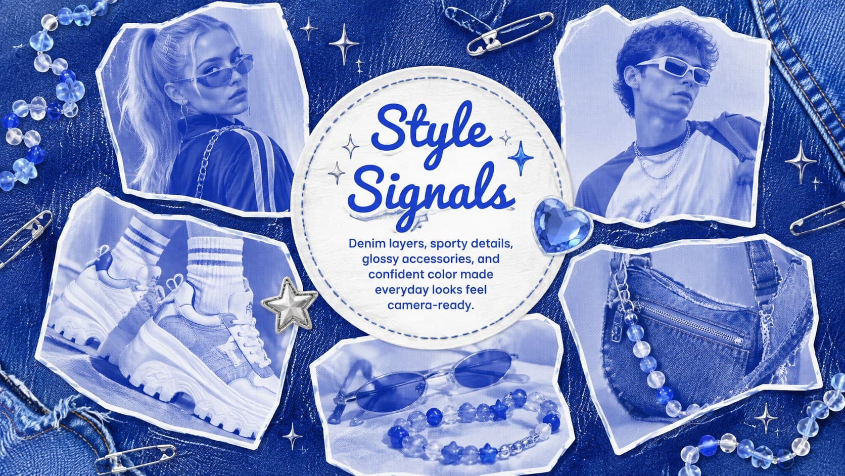 Y2K fashion moodboard slide featuring blue collage frames, accessory graphics, and trend captions.