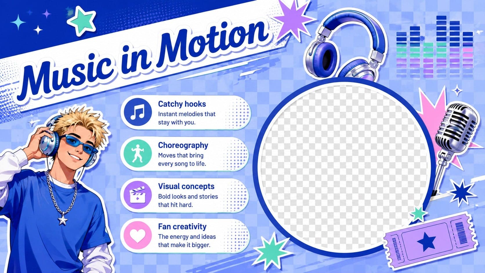 Kpop-inspired scrapbook slides page presenting music, choreography, visuals, and fan culture.