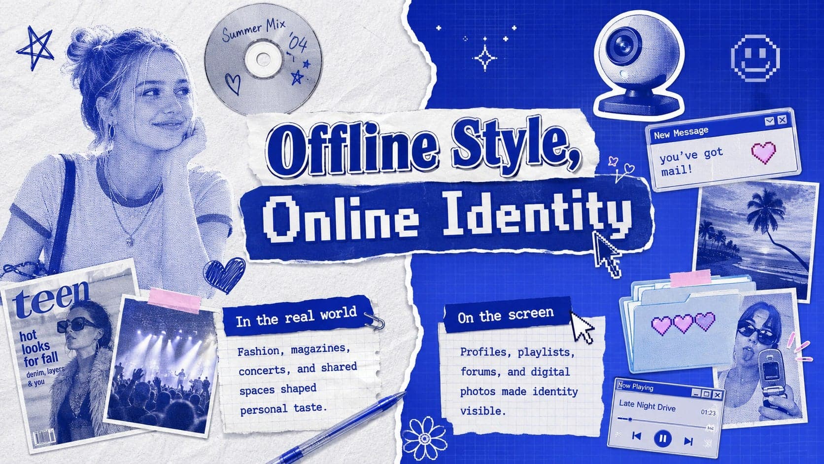 Blue scrapbook Google Slides theme page comparing offline style with emerging online identity.