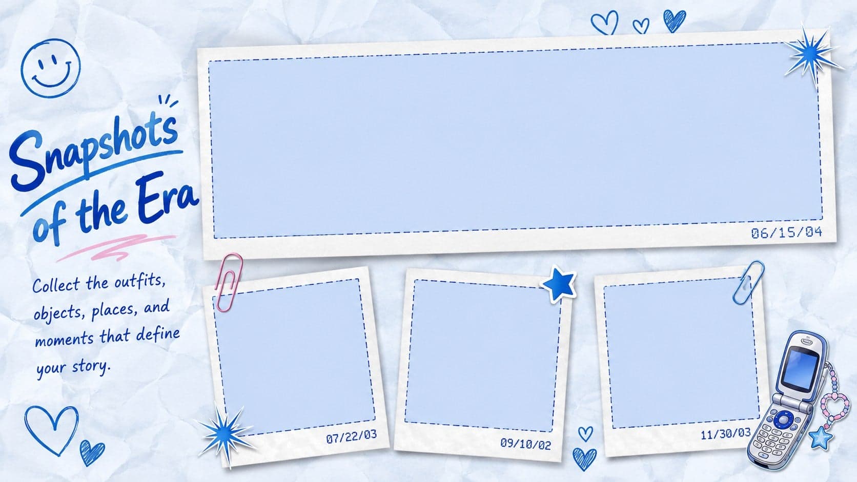 Nostalgic digital collage presentation slide with editable photo frames and memory captions.