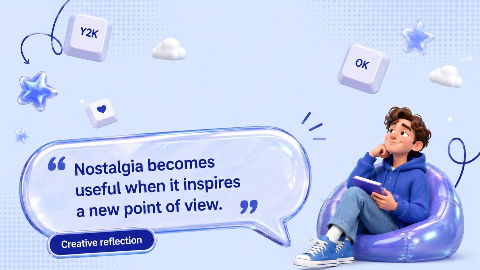 Blue Y2K presentation template displaying a playful quote about creativity and nostalgia.
