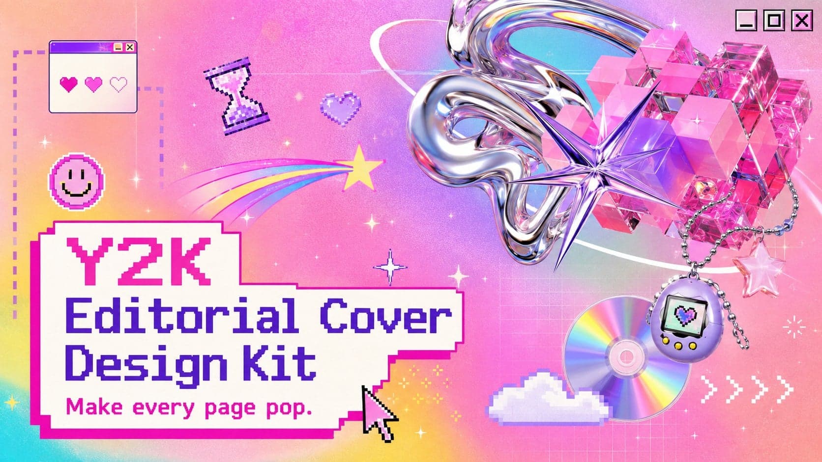 Colorful Y2K editorial cover design kit title slide with pixel accents, layered typography, and vivid gradient graphics.