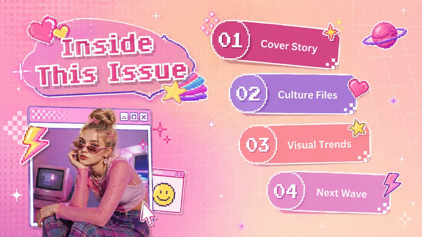 Y2K editorial presentation contents page with a four-part issue map and colorful early-internet graphics.