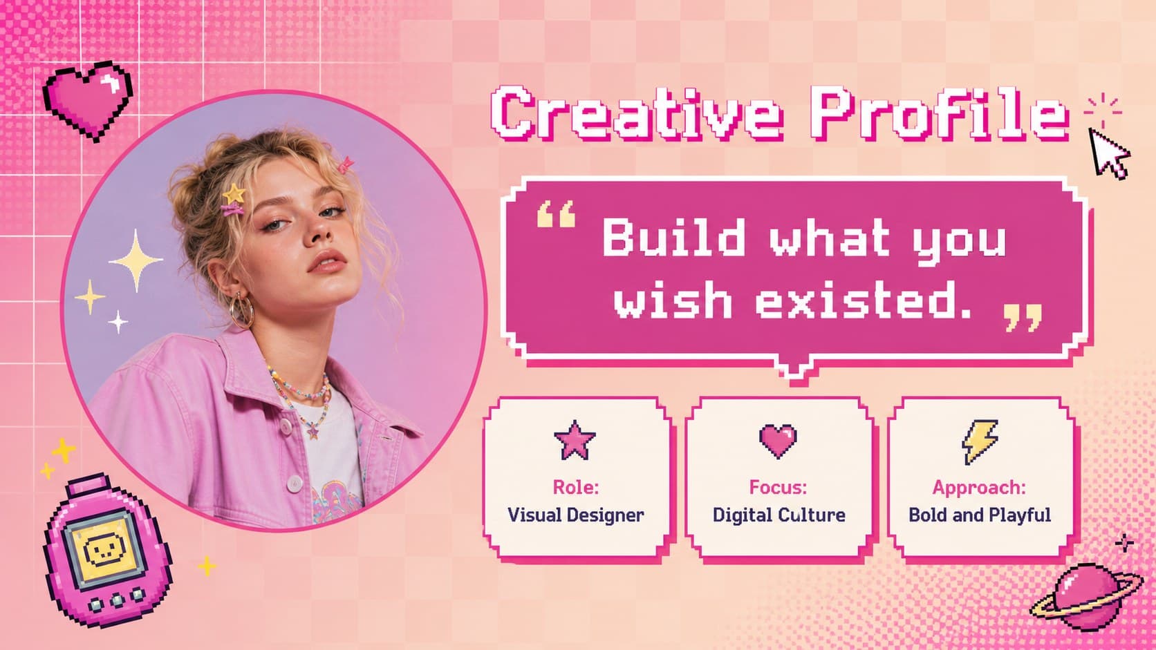 Retro magazine profile slide featuring an original creative portrait, interview highlights, and bright Y2K collage details.