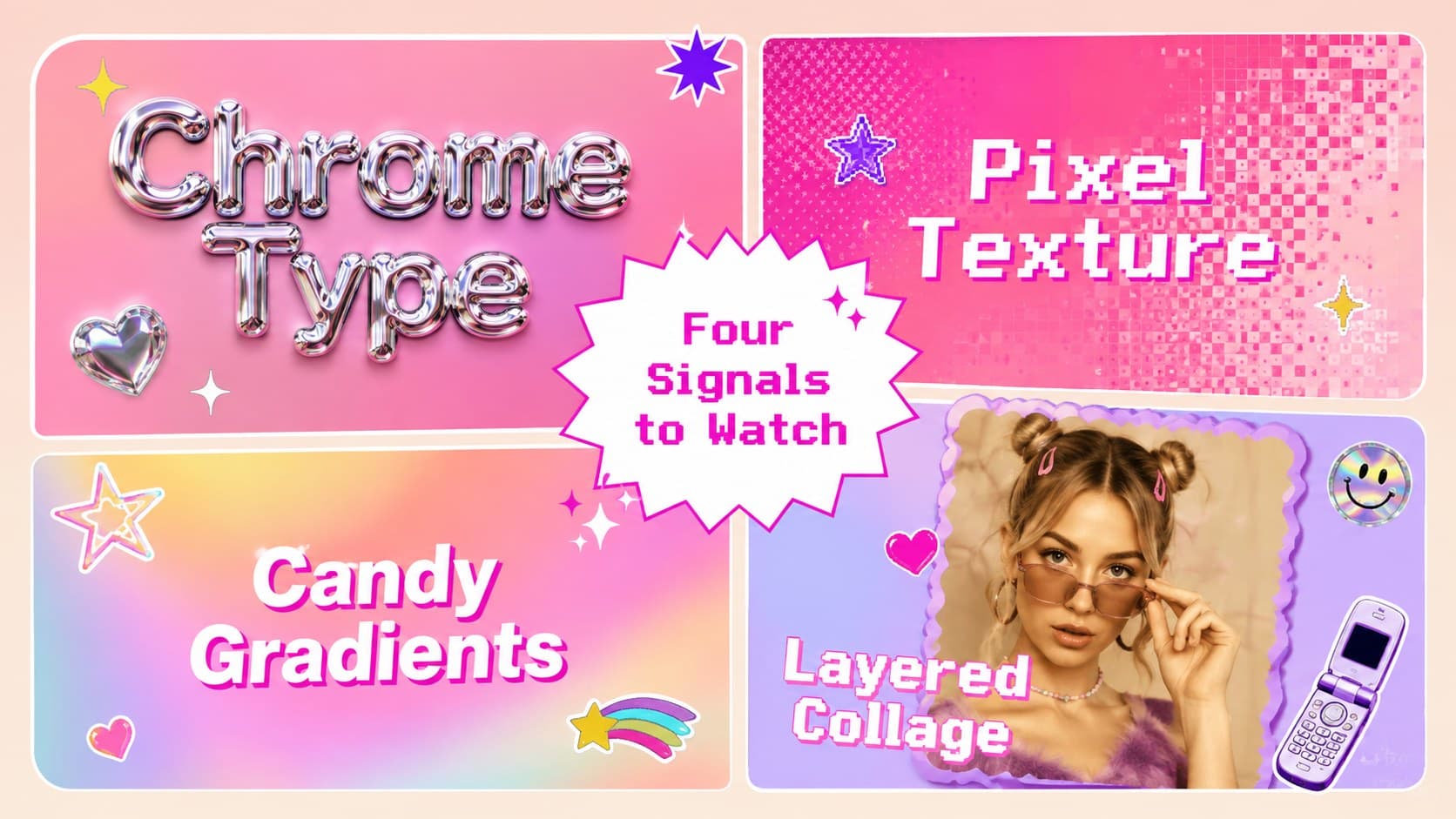Maximalist pop culture presentation slide showing four visual trends in a colorful modular editorial layout.