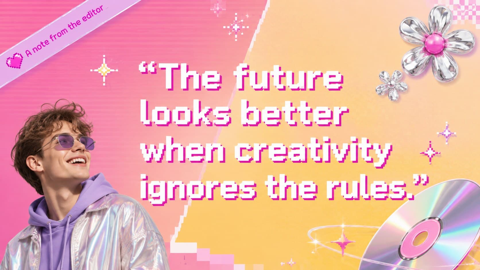 Nostalgic digital zine template slide with a prominent creative quote and vivid abstract Y2K decorations.