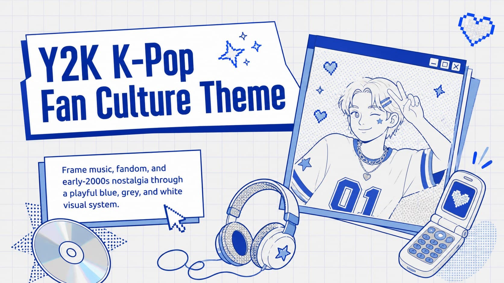 Cover for a Y2K K-Pop fan culture theme with blue retro graphics, photo frames, and playful digital accents.