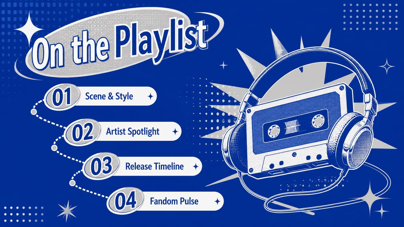 Blue and grey K-Pop presentation agenda featuring four sections and Y2K music-inspired decorations.