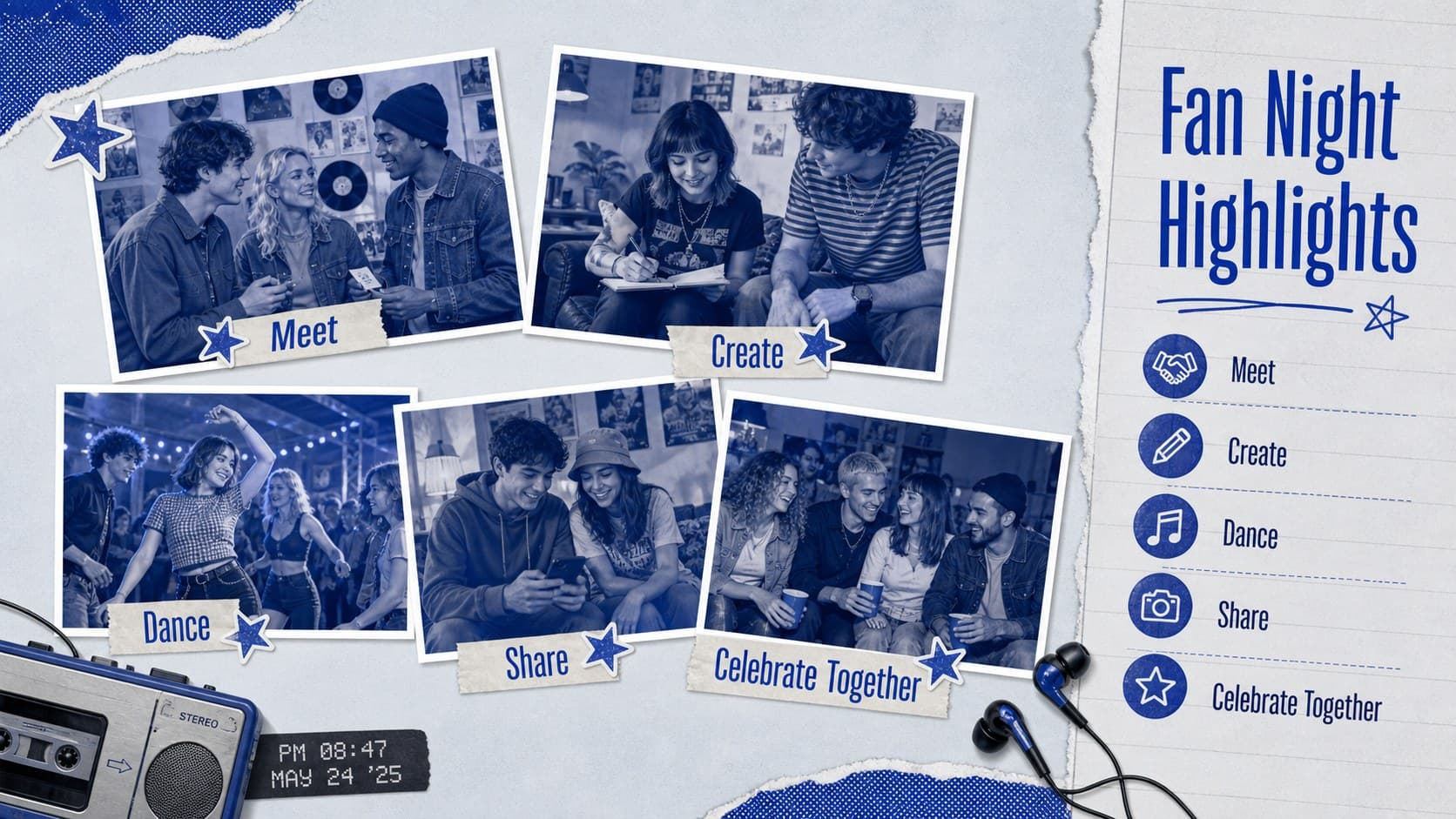 K-Pop fan club event slide with a dynamic photo collage and early-2000s digital decorations.
