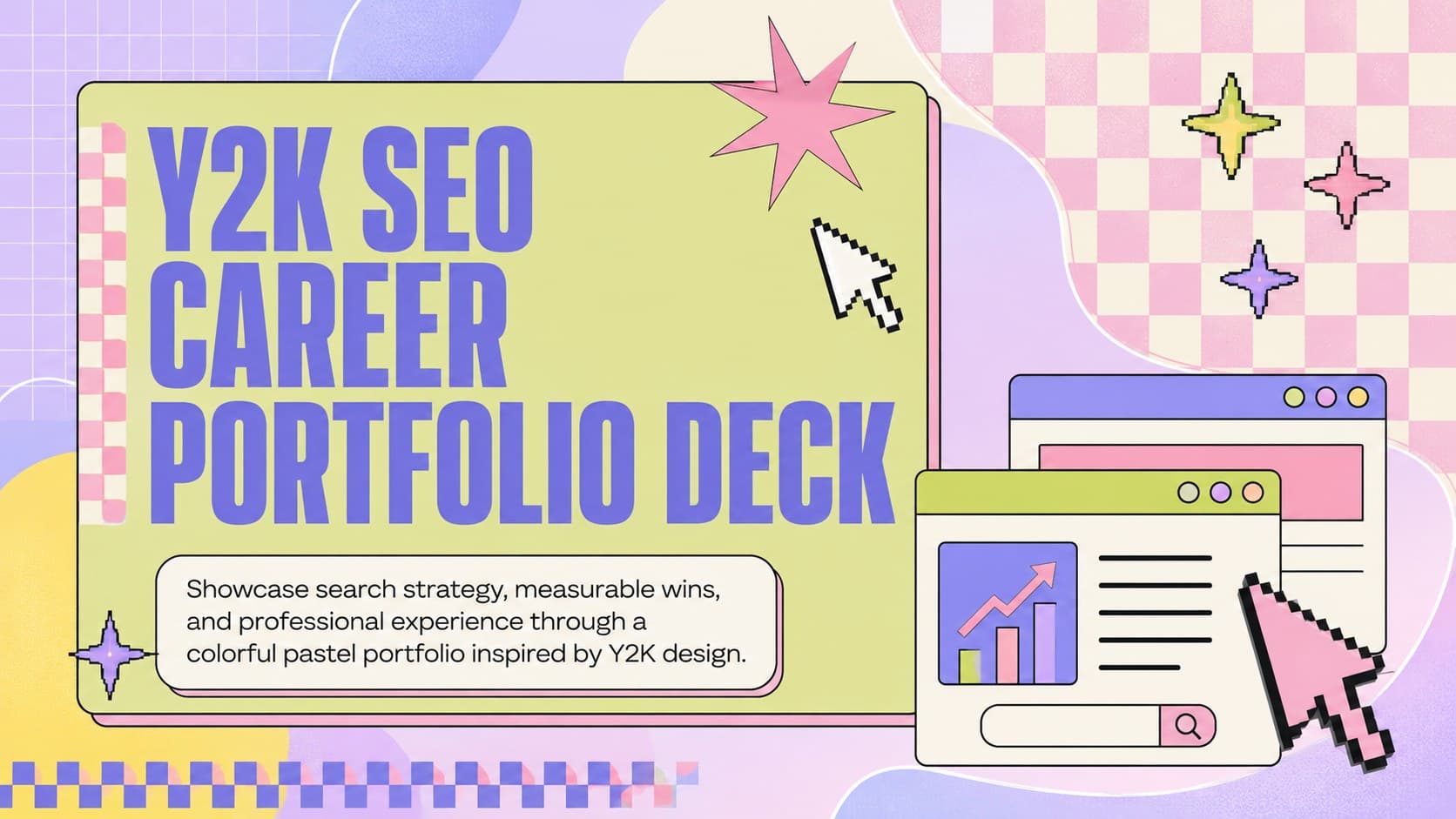 Cover of a colorful Y2K SEO career portfolio with pastel digital graphics and bold retro typography.