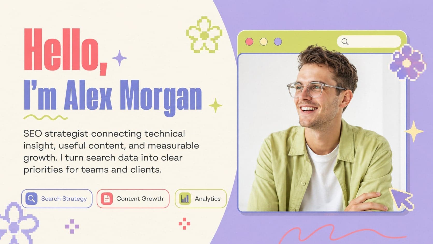 Pastel SEO professional profile slide introducing a search strategist and their career focus.
