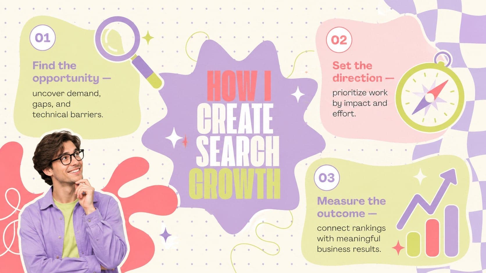 Y2K SEO portfolio slide presenting a search specialist’s professional value and working principles.
