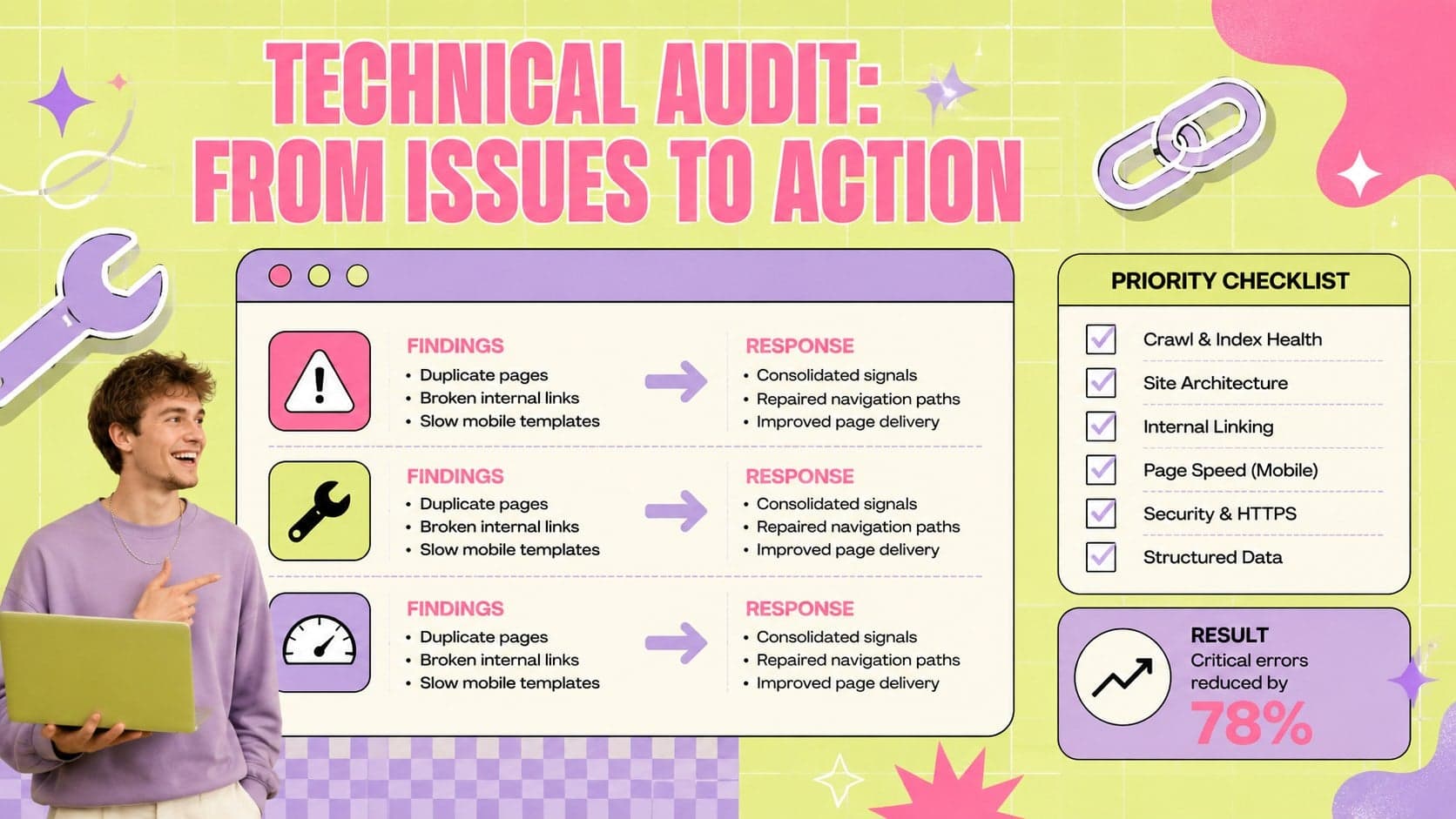 Technical SEO audit portfolio slide displaying findings, priorities, and completed improvements.