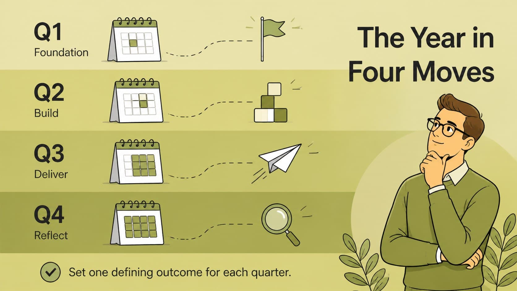 Annual roadmap overview slide showing four quarters and major yearly priorities in green illustrated panels.