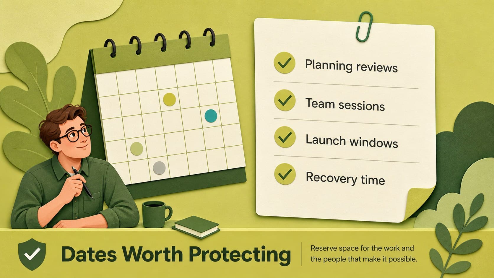 Meeting and event planning slide with a green checklist for coordinating important yearly dates.