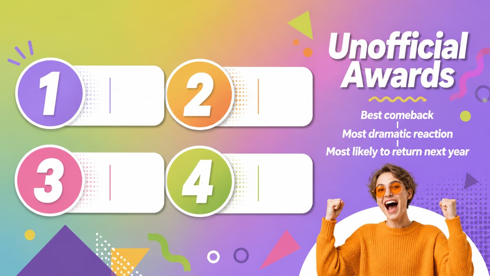 Meme award categories slide for a humorous year-end presentation with colorful gradient accents.