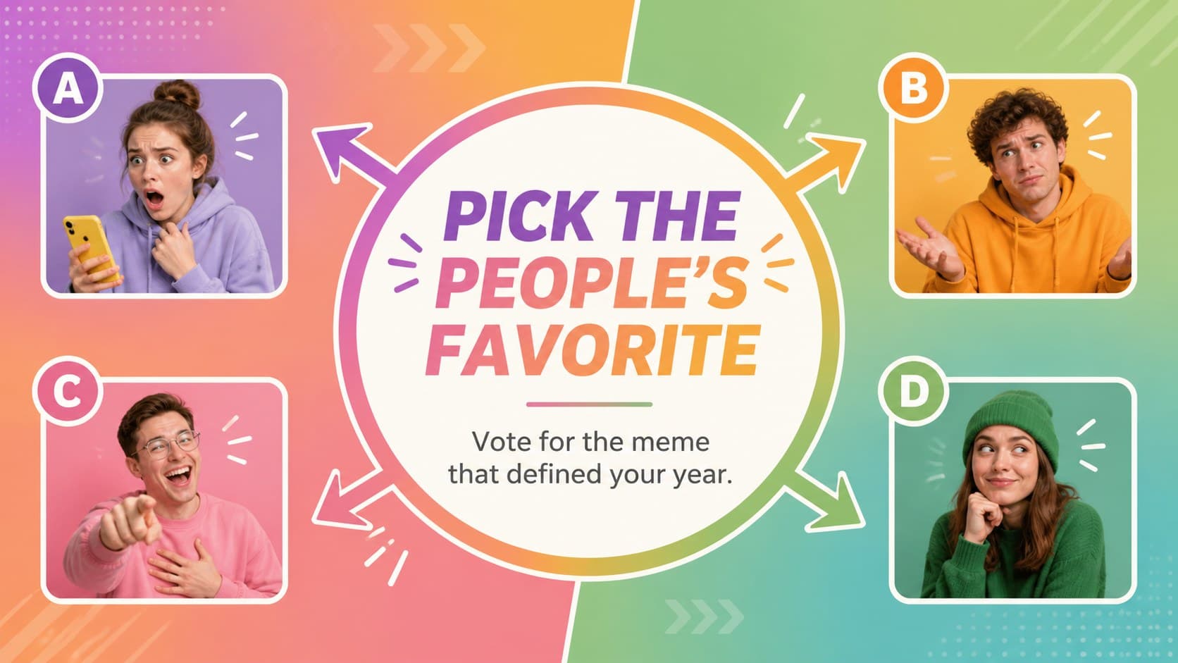 Audience voting slide inviting viewers to choose a favorite meme from the colorful recap deck.