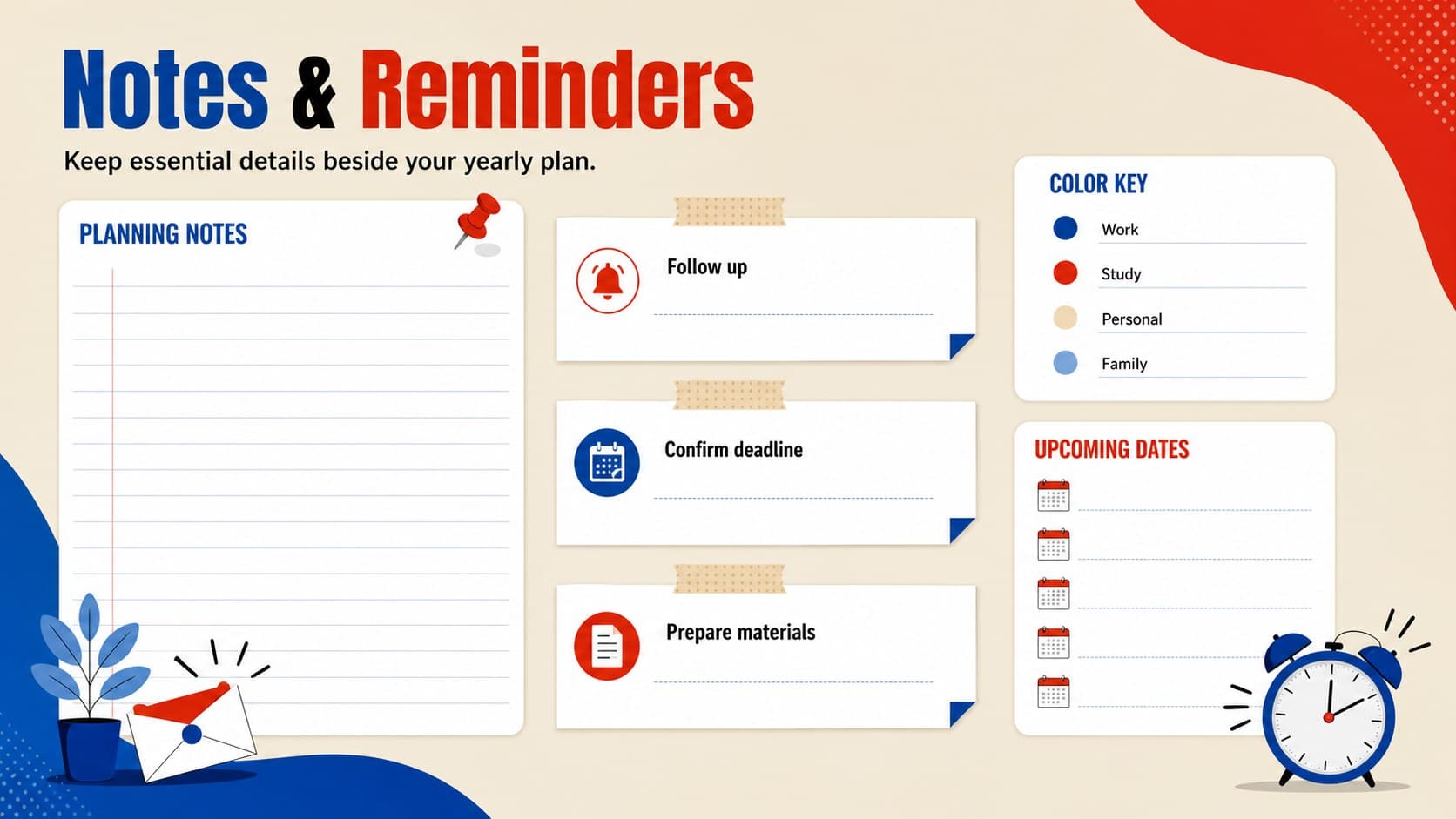 Yearly deadline tracking spreadsheet with planning notes, reminders, categories, and a color key.