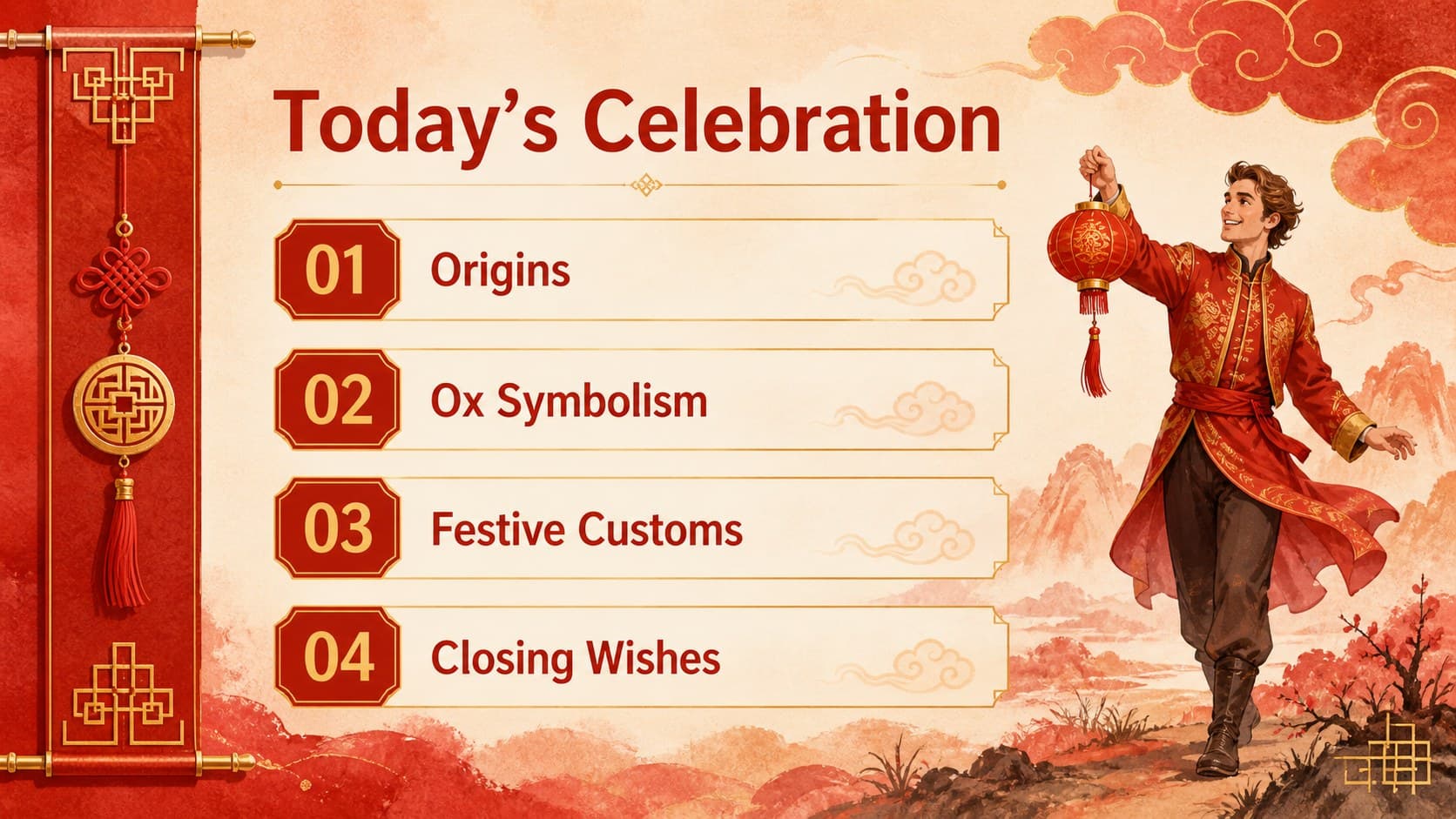 Agenda slide outlining traditions, symbolism, celebration plans, and festive takeaways for a Lunar New Year event.