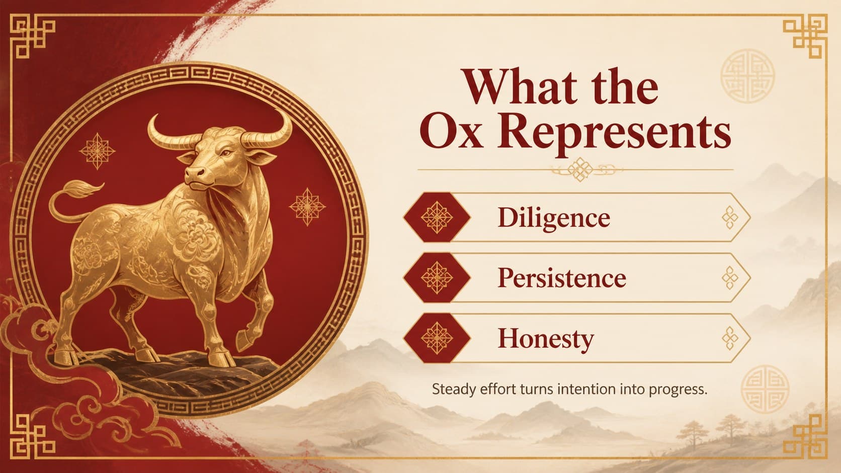 Symbolism slide pairing the ox with key values such as diligence, honesty, and persistence.