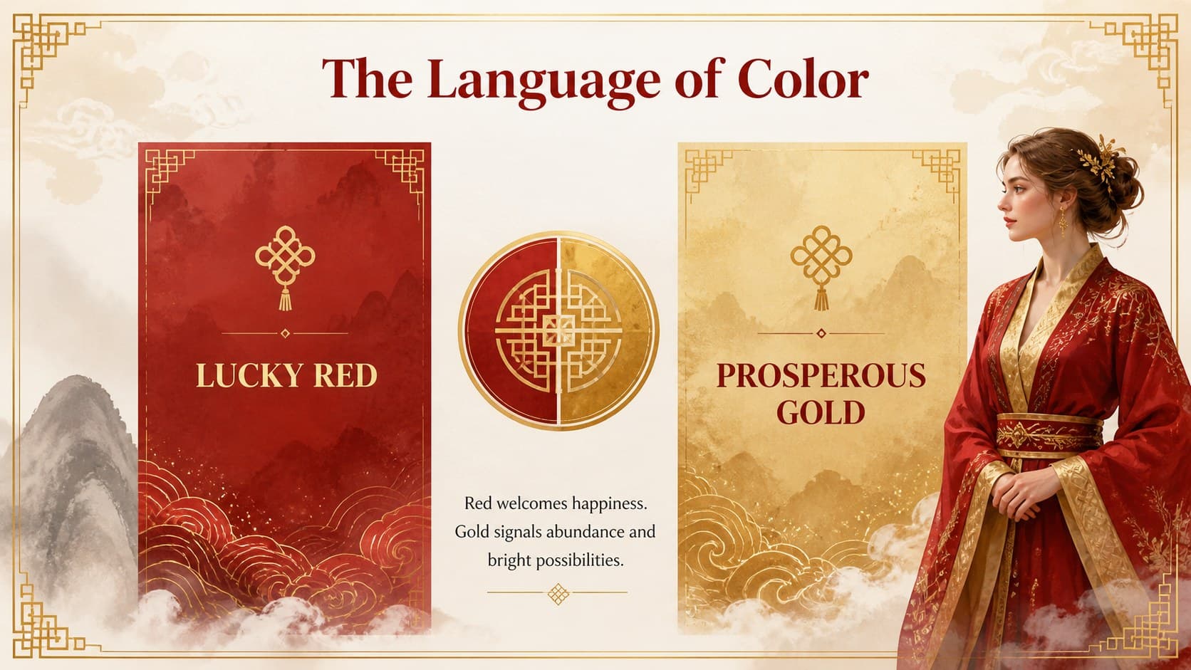 Color meaning slide showing how lucky red and prosperous gold support a festive cultural presentation.