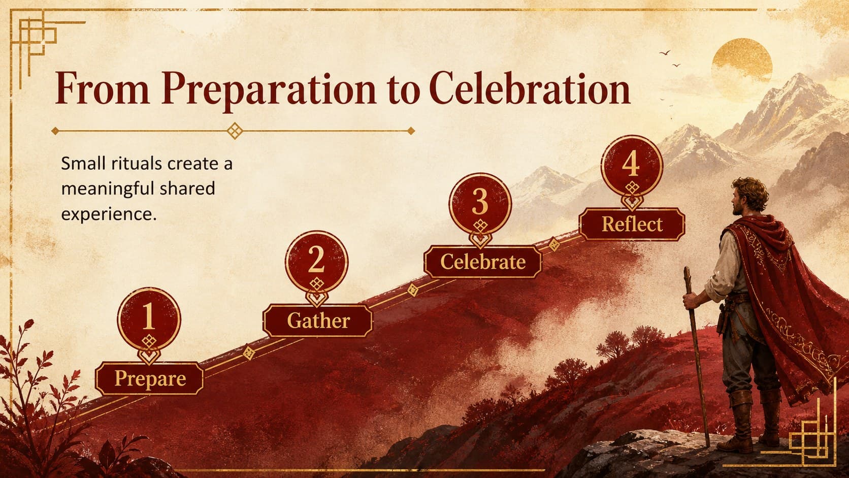 Process slide mapping a simple sequence from preparation to gathering, celebration, and reflection.