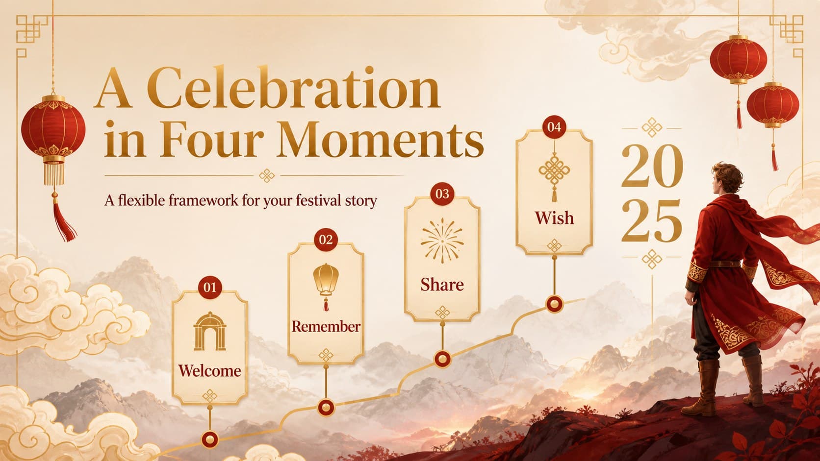 Timeline slide presenting a sequence of Lunar New Year moments from welcome to closing wishes.