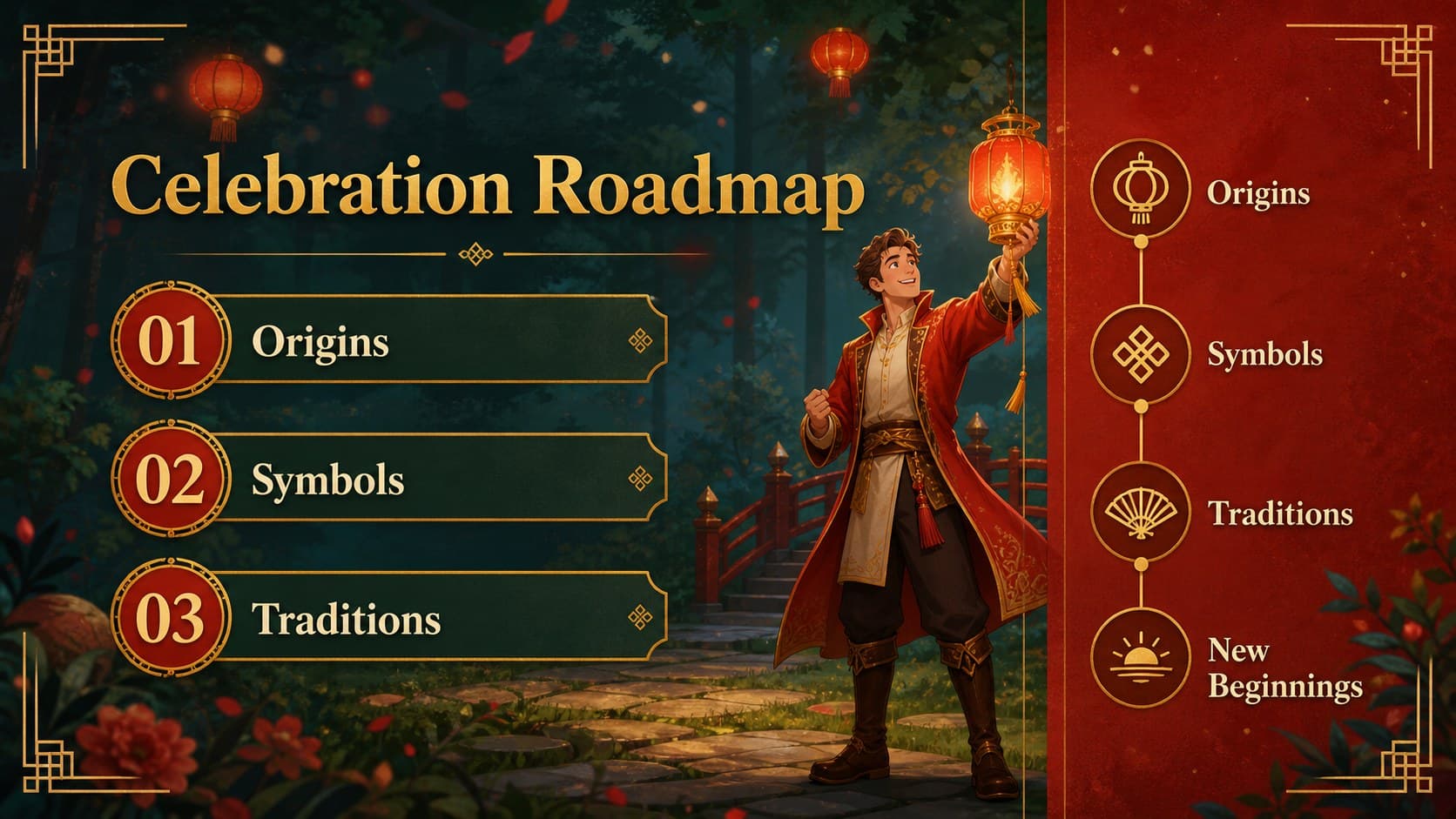Agenda slide outlining a Lunar New Year celebration story with red panels and gold decorative motifs.