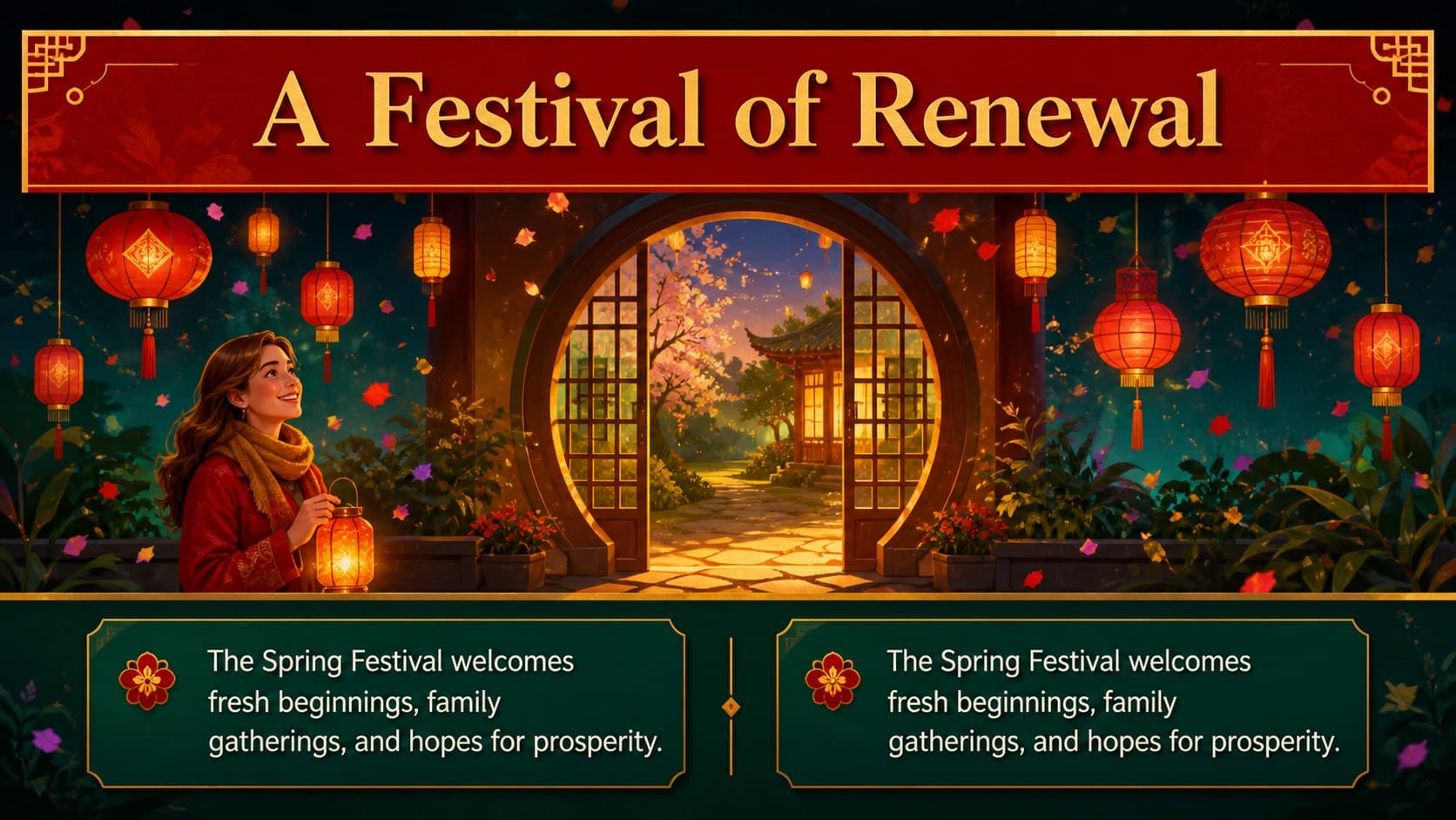 Cultural introduction slide explaining the Spring Festival through illustrated lanterns and warm red backgrounds.