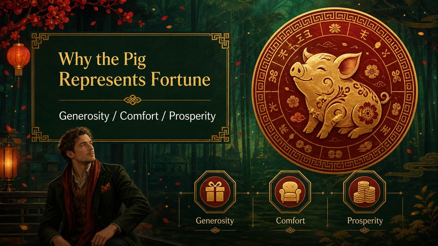 Zodiac symbolism slide featuring an original pig emblem, fortune colors, and concise educational notes.