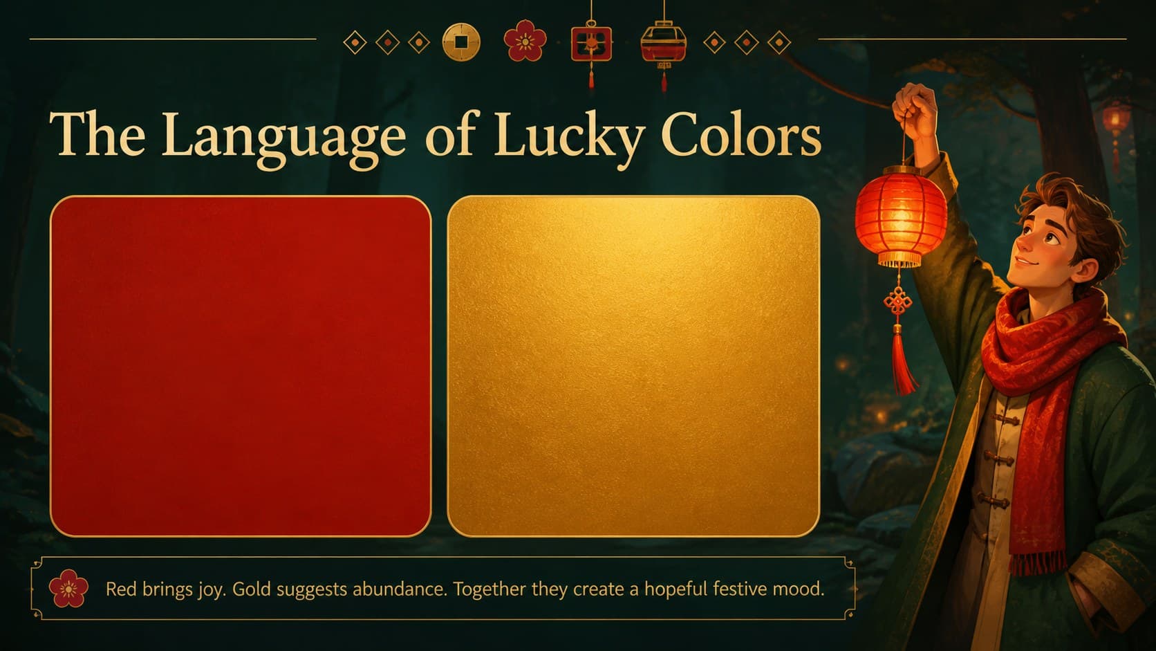 Color symbolism slide showing red and gold accents connected to happiness and prosperity.