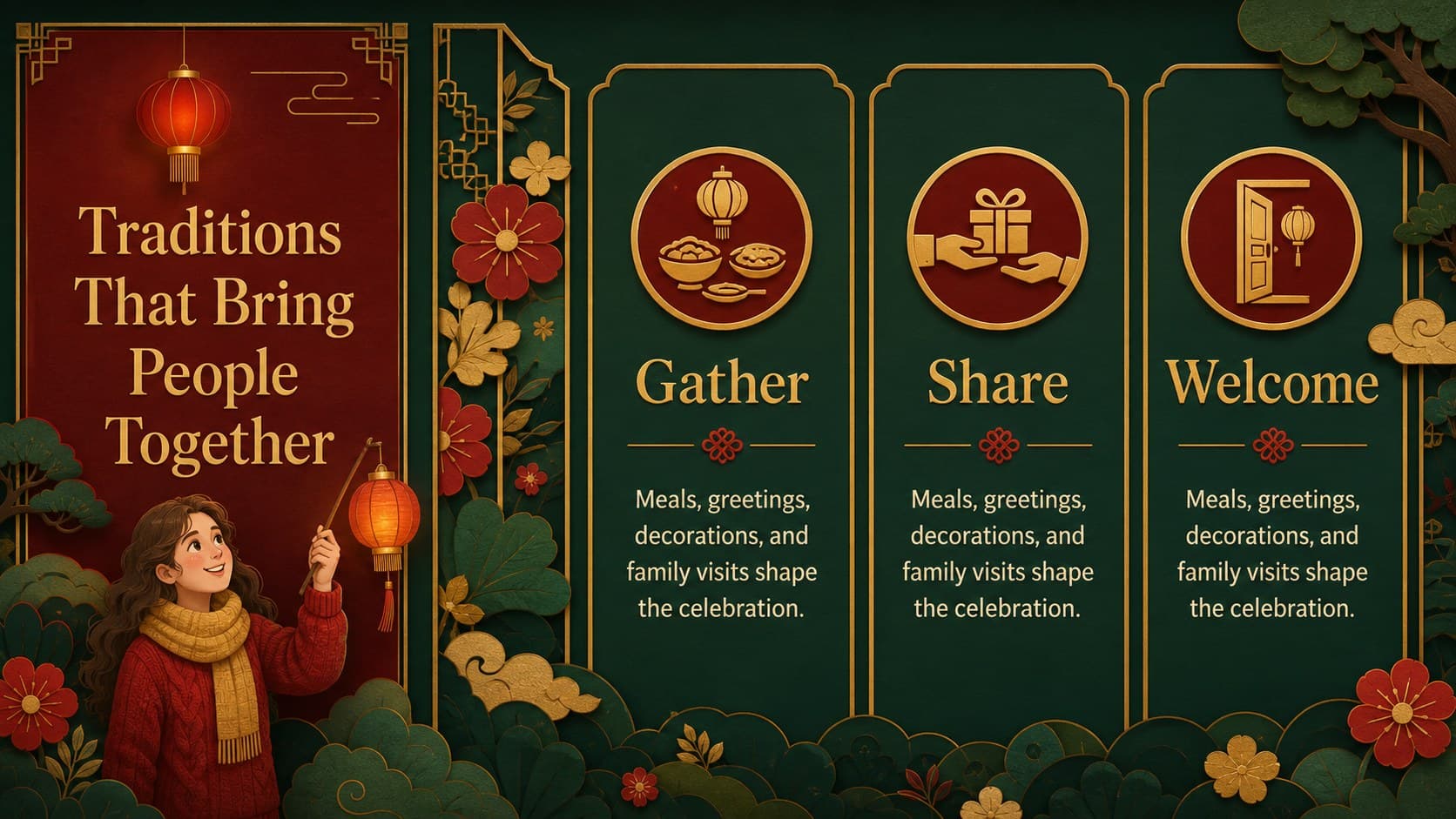 Tradition highlights slide presenting family customs and festive activities in a colorful grid.