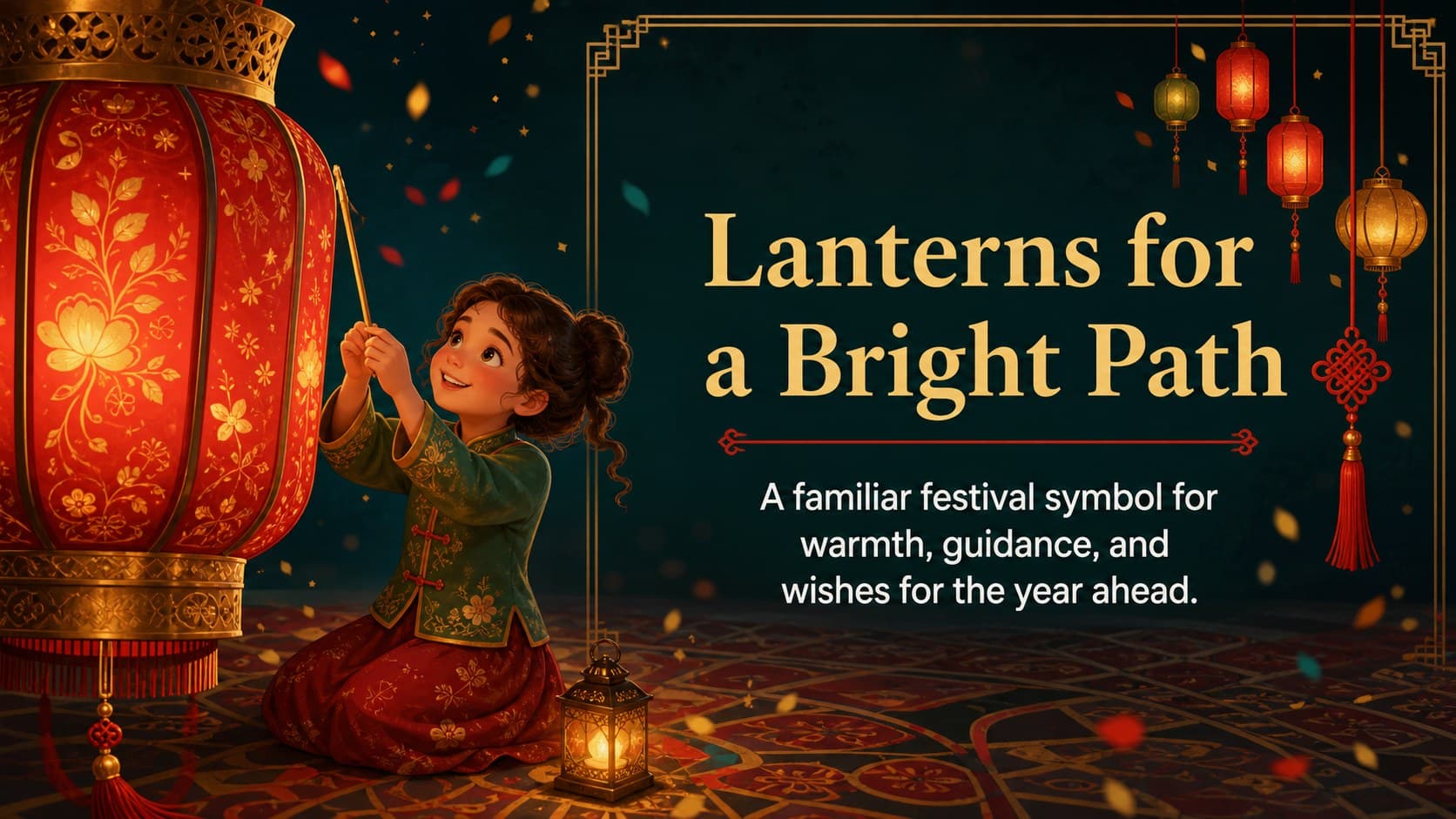 Lantern feature slide highlighting a traditional symbol with an illustrated red lantern and short descriptive copy.