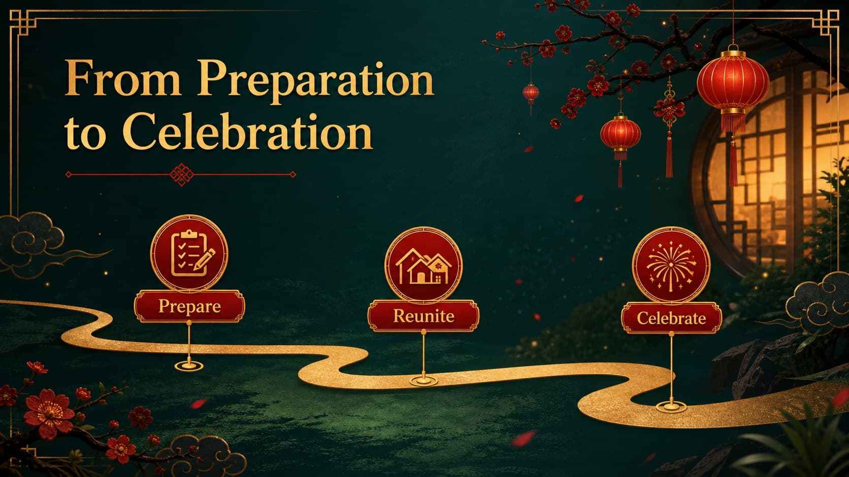Celebration timeline slide mapping preparation, reunion, and wishes across the festival season.