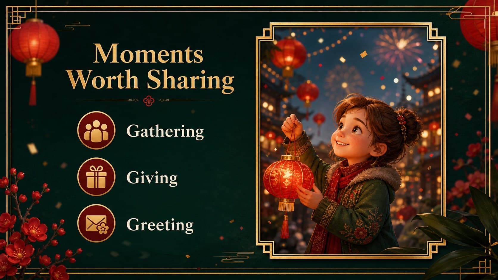 Photo layout slide for Lunar New Year event moments with gold frames and red accents.