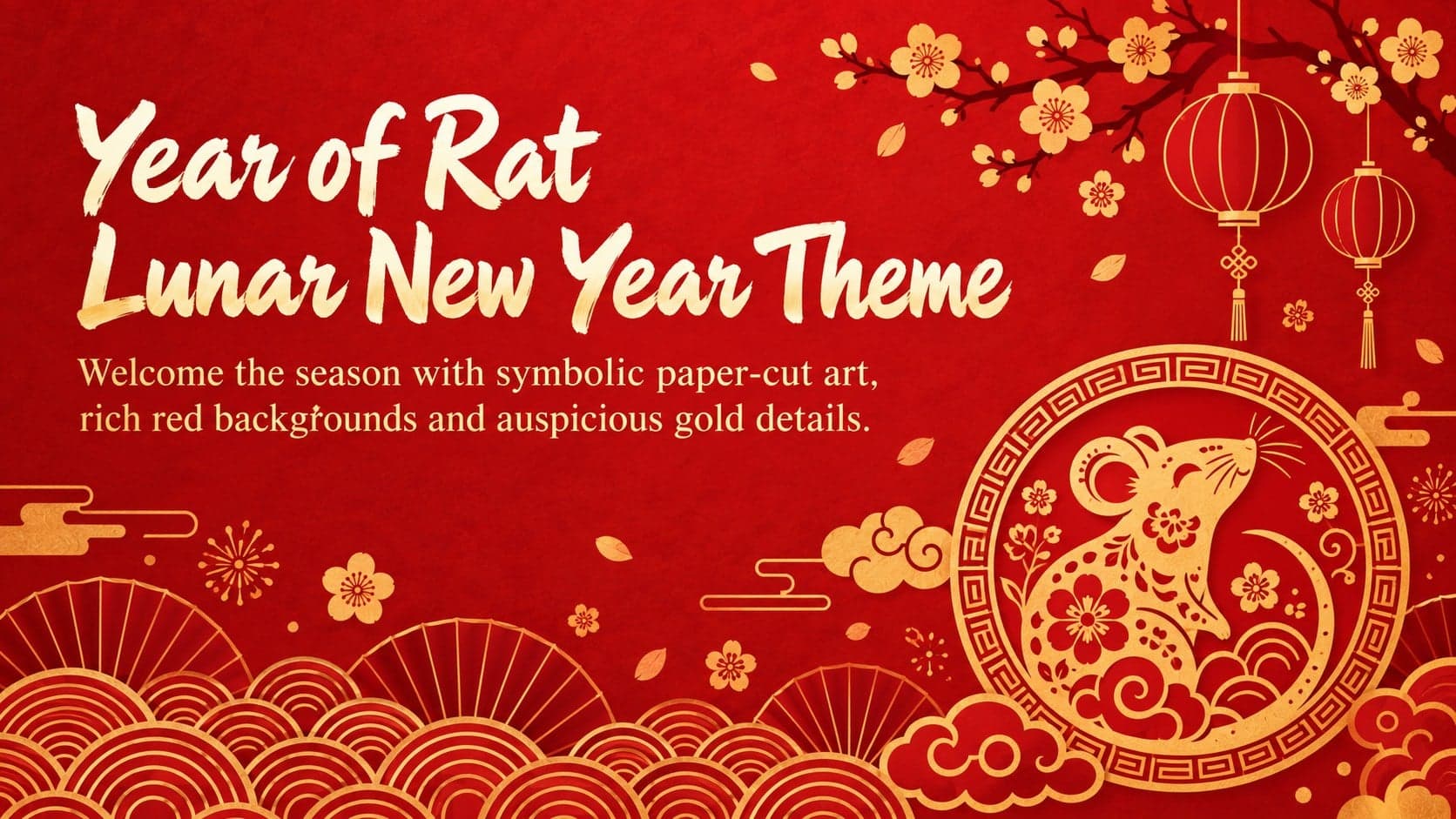 Cover for the Year of Rat Lunar New Year theme with original gold paper-cut artwork on a festive red background.