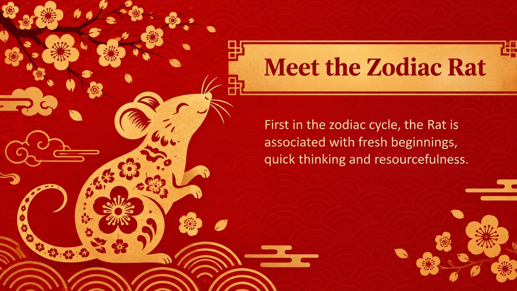 Year of the Rat introduction slide explaining the zodiac animal as a symbol of beginnings and resourcefulness.