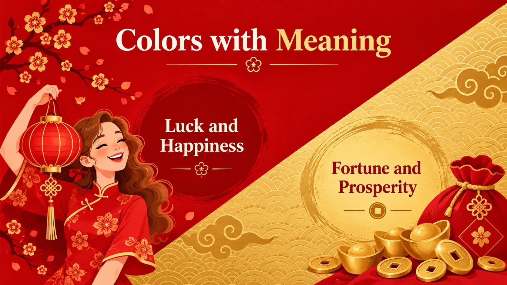 Red and gold Lunar New Year slide explaining the meanings of luck, happiness, fortune and prosperity.