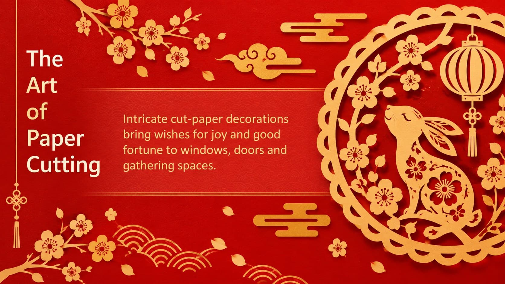 Paper-cut Chinese zodiac slide deck layout describing the tradition of festive window and door decorations.