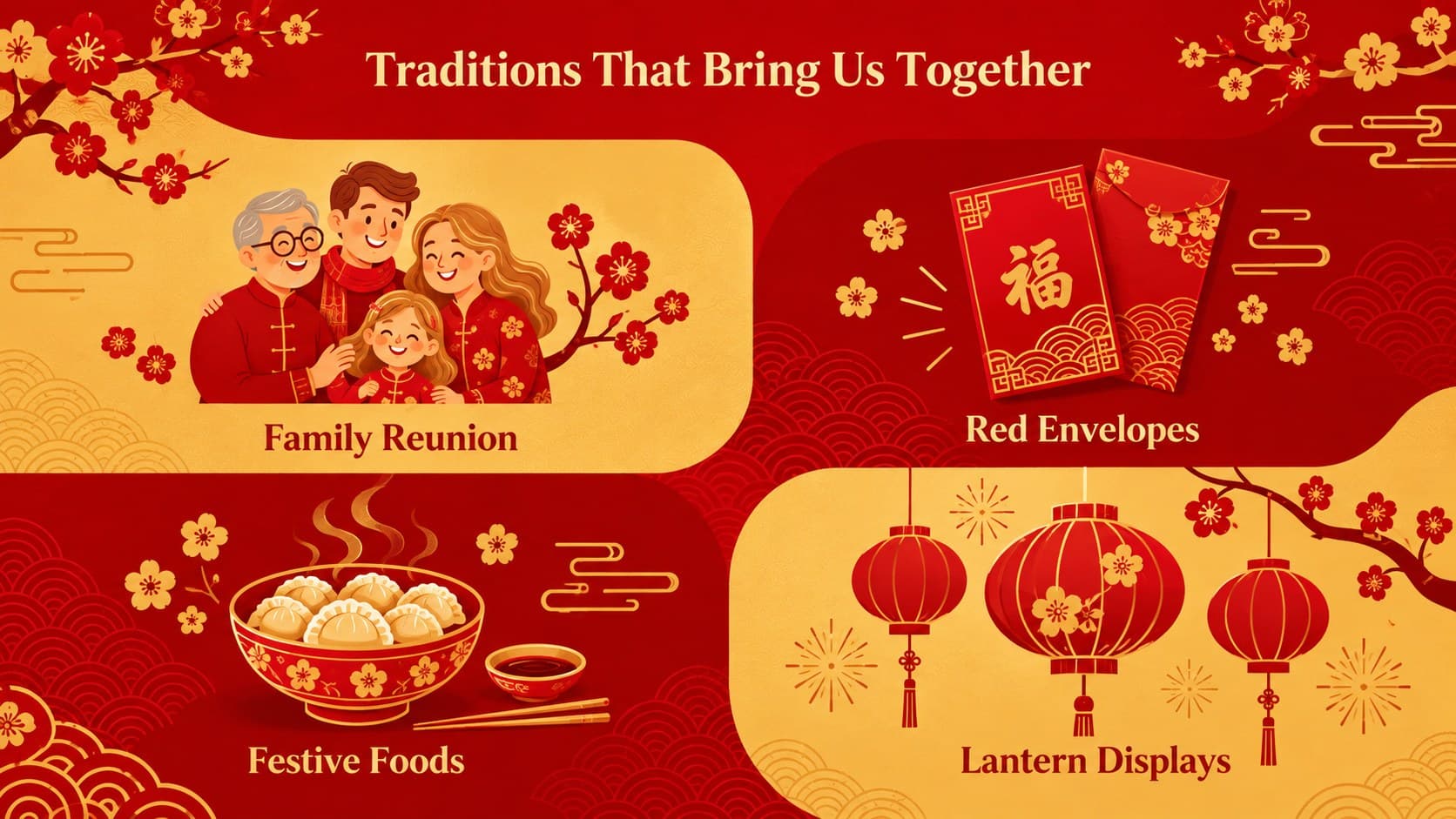 Spring Festival traditions slide featuring four illustrated customs in a structured red and gold grid.
