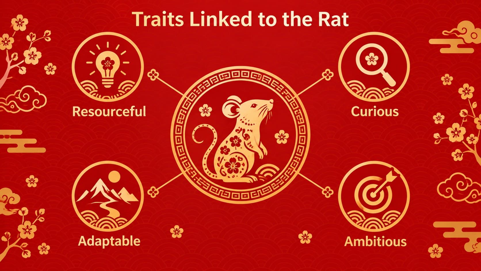 Year of the Rat personality traits slide with four gold icons for resourcefulness, curiosity, adaptability and ambition.