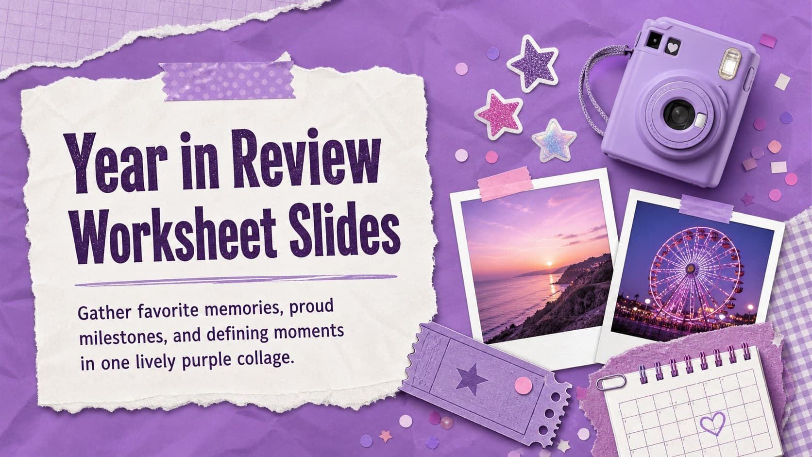 Cover of the Year in Review Worksheet Slides featuring a playful purple scrapbook collage with memory-themed decorations.