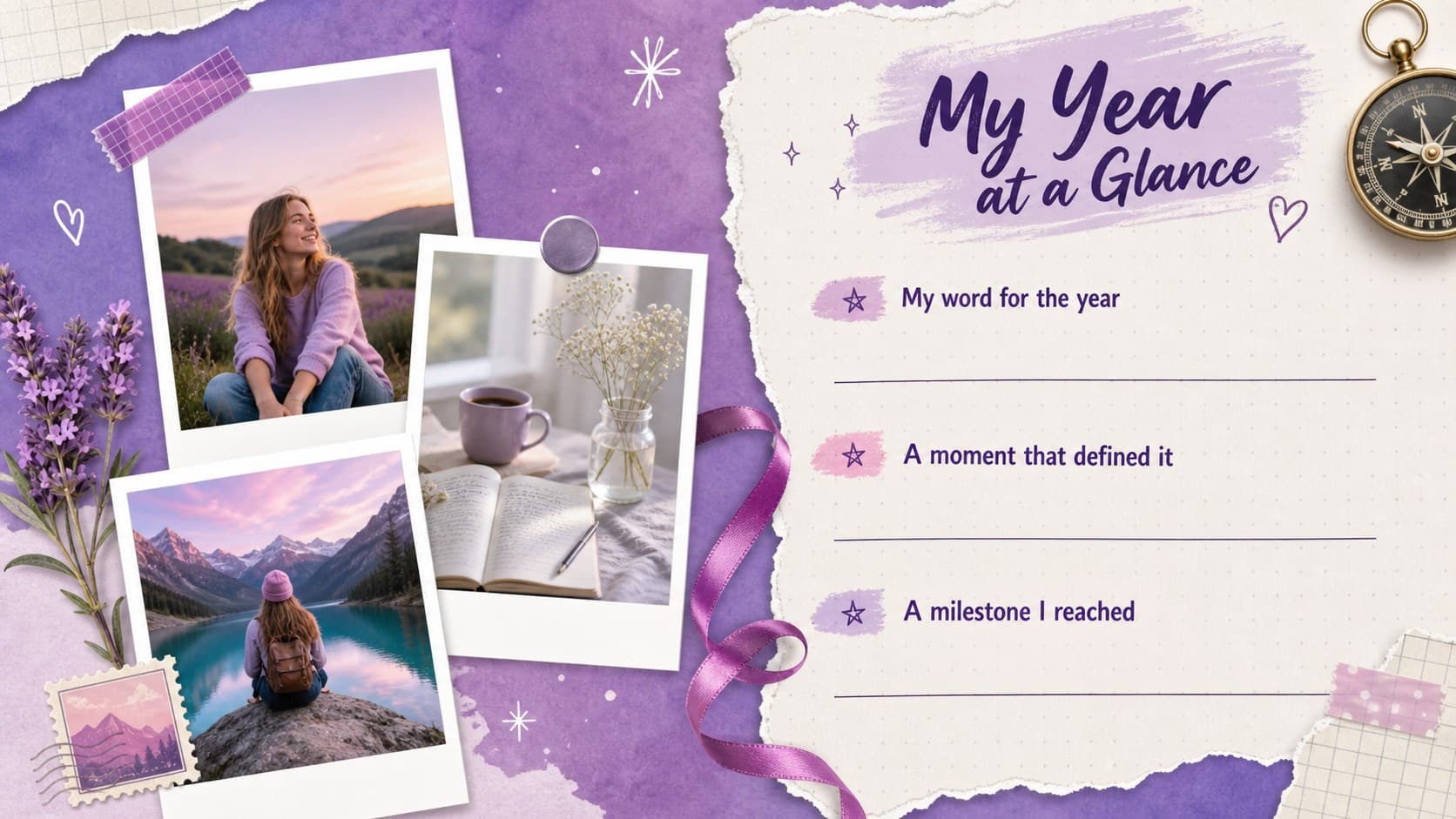 Purple annual reflection worksheet presentation with spaces for a defining word, favorite memory, and important milestone.