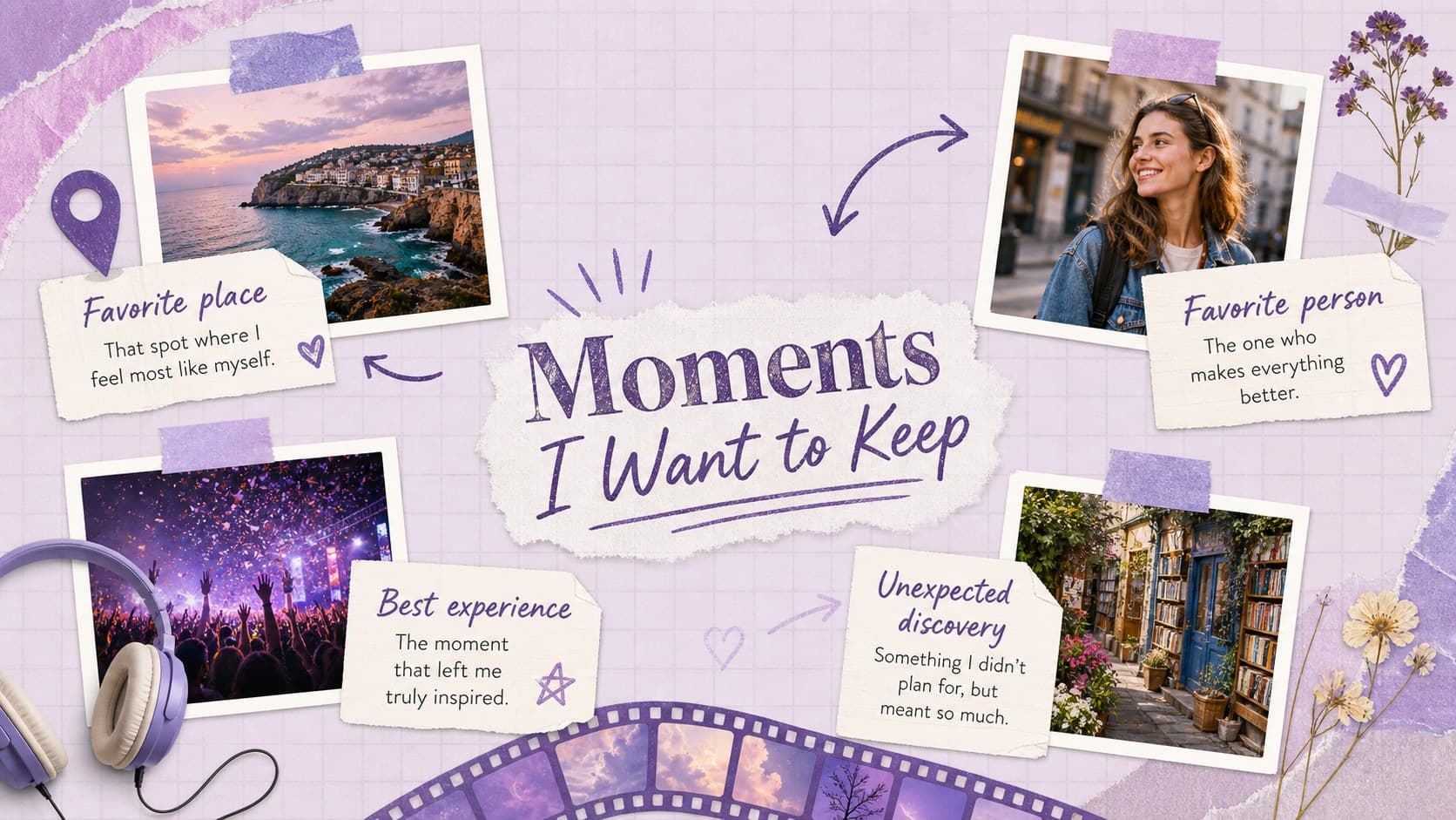 End of year memory slide with purple collage frames for favorite places, people, experiences, and discoveries.